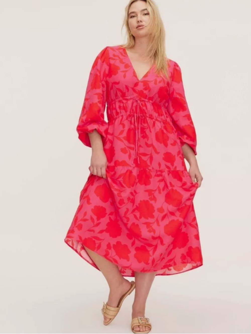 kate spade Hot Pink and Red Floral V-Neck Midi Dress